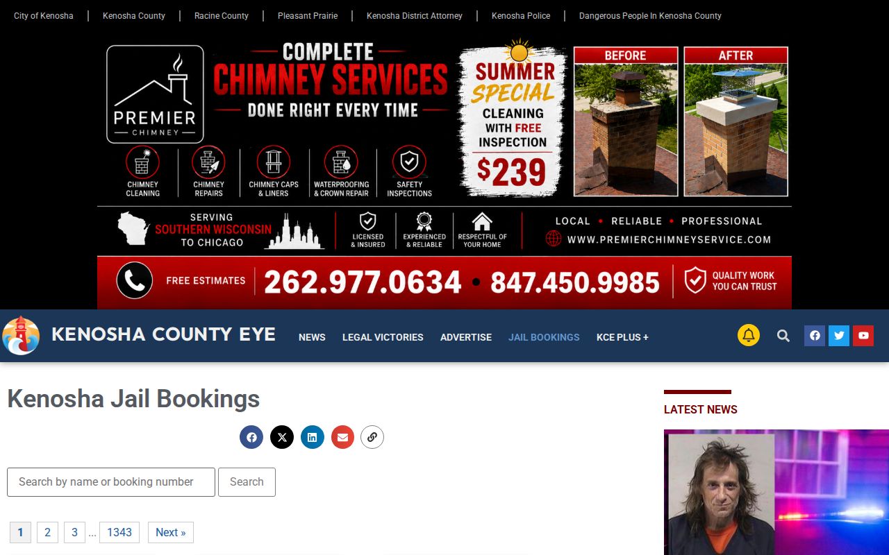 Kenosha County booking record interface at a local news source