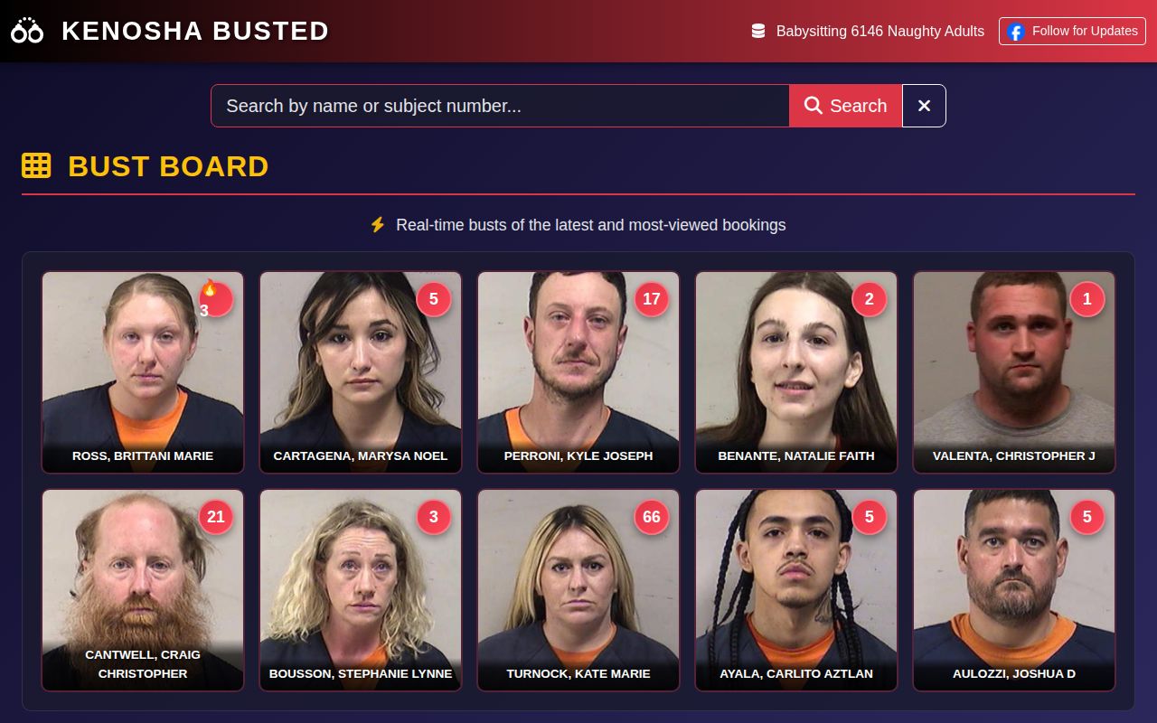 Kenosha County booking record context in an unofficial KenoshaBusted.com interface