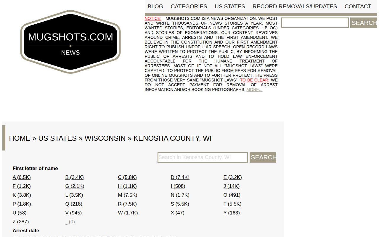 Kenosha County arrest record context in an unofficial Mugshots.com archive interface