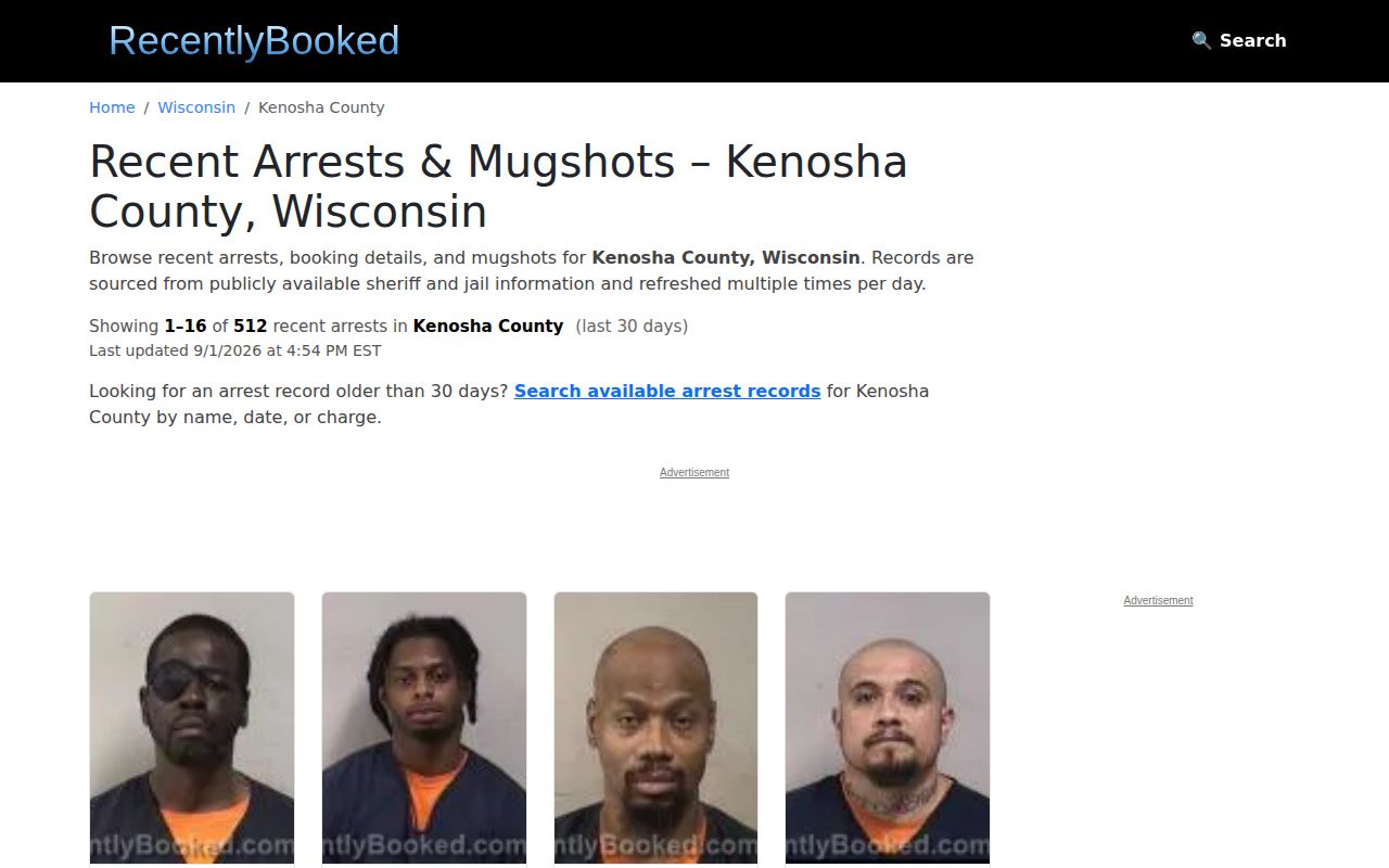 Kenosha County arrest news context from an unofficial Recently Booked interface